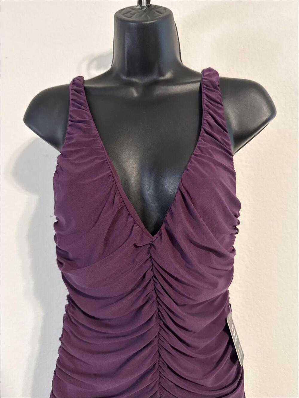 NWT Express Purple Ruched Spaghetti Strap V-Neck Dress - LRG - Picture 2 of 9